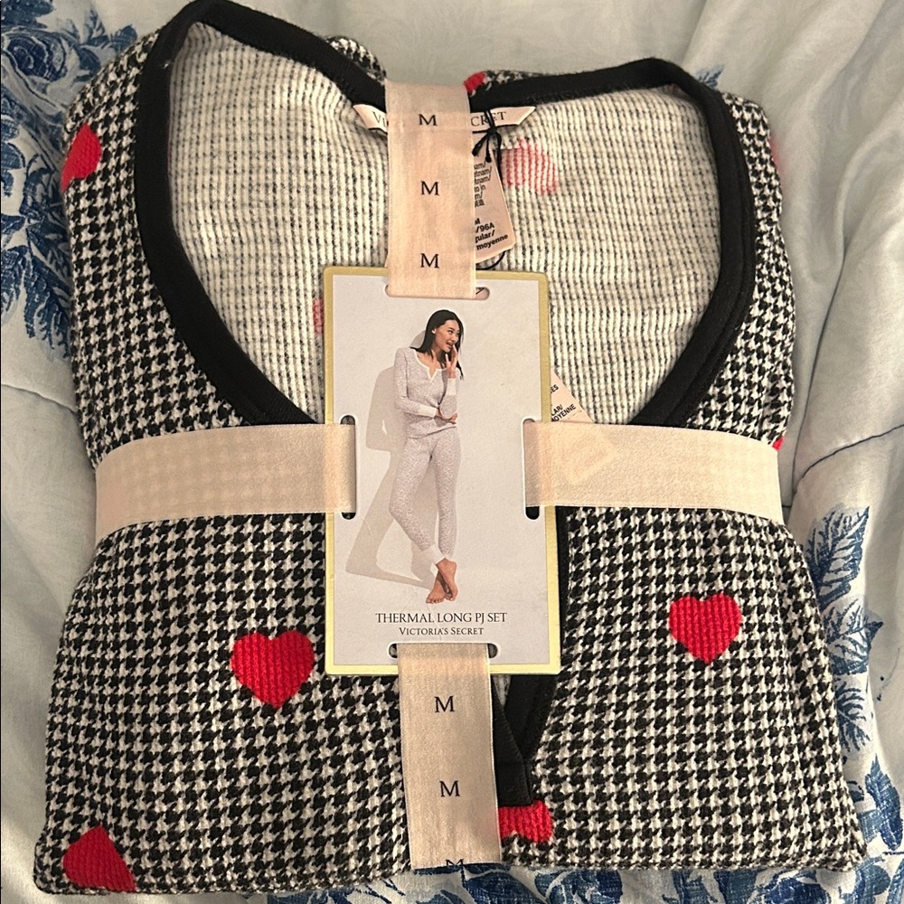 Victoria's Secret Black and Red Heart Thermal PJ Set